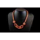 Antique Victorian Red Coral Necklace of Unusual Form, with Three Coiled Rings Intertwined,
