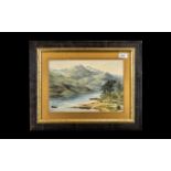 Antique Watercolour River Scene, with a man in a boat and mountains in the background,