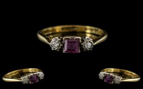 18ct Gold Antique Diamond Dress Ring Set with A Central Calibre Cut Red Stone Between Two Round Cut