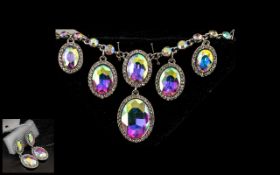 Aurora Borealis Crystal Drop Choker / Necklace and Matching Drop Earrings, oval shaped,