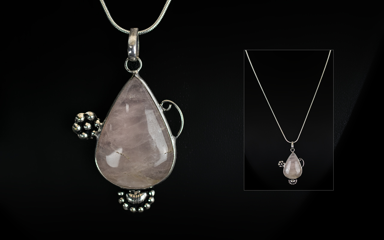 Rose Quartz and Silver Pendant Suspended on Silver Chain. Rose Quartz of Large Proportions,