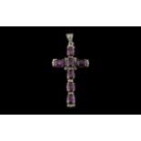 Large Silver & Amethyst Cross, set with seven large cut amethysts. Measures 3" x 1.25".