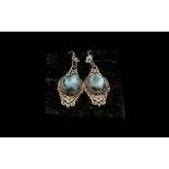 Larimar Long Drop Earrings, two solitaire, oval cabochon cuts of larimar, the beautiful, rare,