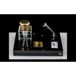 Mont Blanc Desk Set, comprising a crystal glass ink pot with a brass lid engraved Mont Blanc,