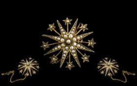 Antique Period - Attractive 9ct Gold Seed Pearl Set Star burst Brooch with Safety Chain,