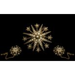 Antique Period - Attractive 9ct Gold Seed Pearl Set Star burst Brooch with Safety Chain,