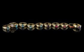 A Collection of Eleven Silver Gilt Rings, all set with faceted coloured stones.