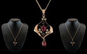 Edwardian Period - Attractive 9ct Gold Fire Garnet and Seed Pearl Set Open worked Pendant Drop,