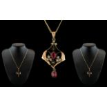 Edwardian Period - Attractive 9ct Gold Fire Garnet and Seed Pearl Set Open worked Pendant Drop,