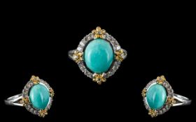 Amazonite and White Zircon Halo Ring, two natural stones, the blue amazonite mined in Peru, the