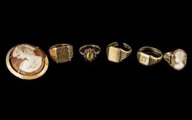 Mixed Lot Of 9ct Gold Jewellery To Include Three Gents Signet Rings, Cameo Ring,