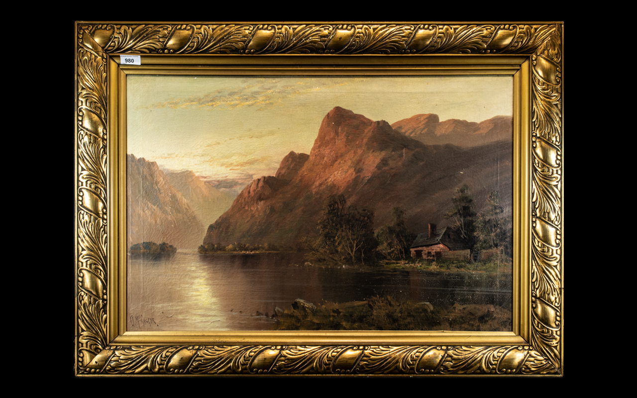 Victorian Oil on Canvas depicting mountainous landscape and cottage.