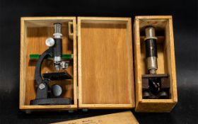 Collection of Two Microscopes, housed in wooden boxes, one with some slides.