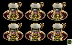 A Continental Six Coffee Cans and Saucer Set - Hand painted in 22 carat Gold -Vignettes depicting