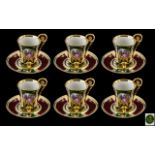 A Continental Six Coffee Cans and Saucer Set - Hand painted in 22 carat Gold -Vignettes depicting