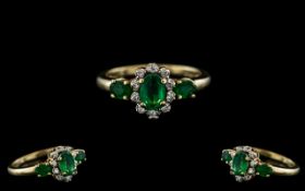 Ladies - Attractive 14ct Gold Emerald and Diamond Set Dress Ring.
