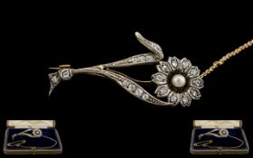 Antique Period - Attractive 15ct Gold and Platinum Diamond and Pearl Set Brooch,