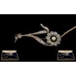 Antique Period - Attractive 15ct Gold and Platinum Diamond and Pearl Set Brooch,