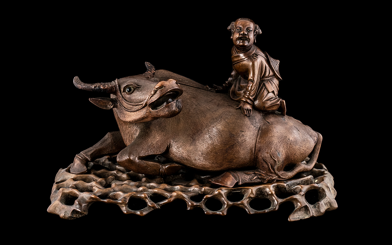 Chinese Ching Dynasty Antique Carved Hardwood Water Buffalo of Fine Quality with Squinted Horn Eyes,