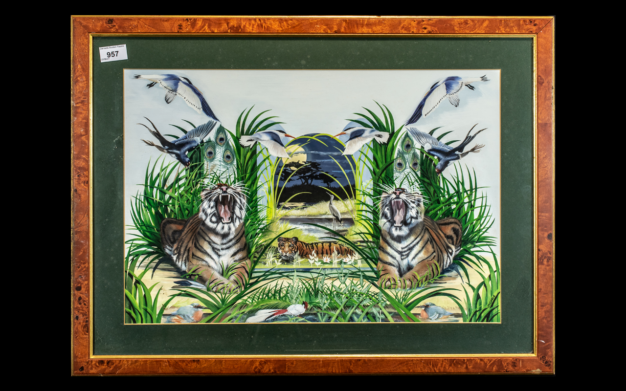 Attributed to Michele Kortbawi Wilk: Wonderful Original Oil Painting of Tigers Amidst Reeds and