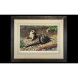 Adrian Rigby: Large Signed Print of Otters Playing on a Riverbank, signed in pencil, bottom right,