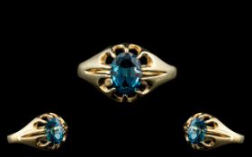 Ladies Attractive 9ct Gold Single Stone Blue Topaz Set Dress Ring - Gallery Setting. Est Size 1.