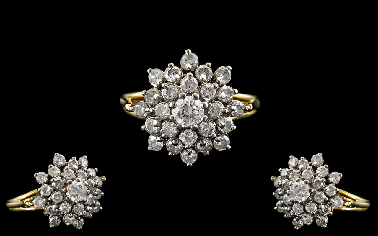 18ct Gold Diamond Cluster Ring Set With