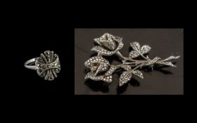 Sterling Silver Marcasite Set Flower Bro