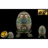 Russian Imperial Superb Quality and Exquisite Jewelled Set Silver Gilt - Cloisonne Enamel Egg and