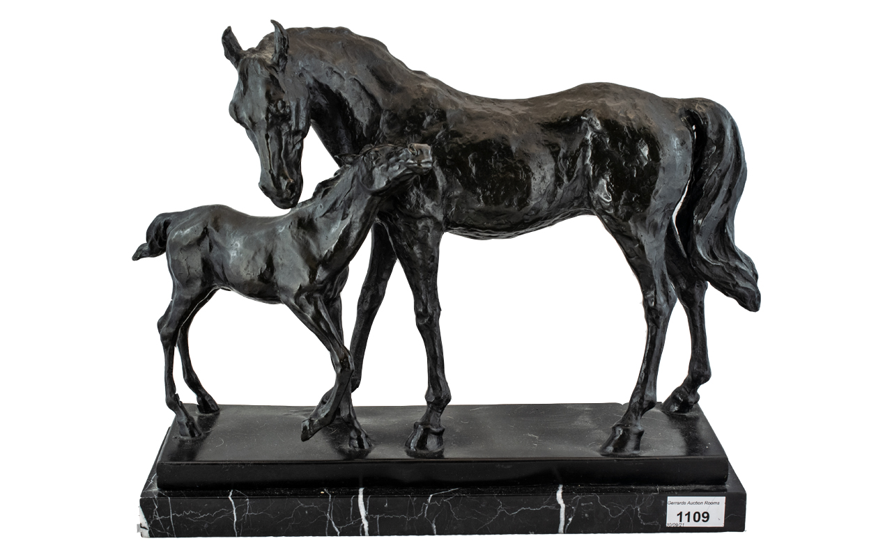 A Modern Bronze Figure Group Horse and Foal, raised on a marble plinth. Height 13.5", length 16".