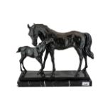 A Modern Bronze Figure Group Horse and Foal, raised on a marble plinth. Height 13.5", length 16".