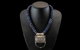 Tribal Silver & Lapis Lazuli Beaded Necklace, of traditional form (Afghanistan).