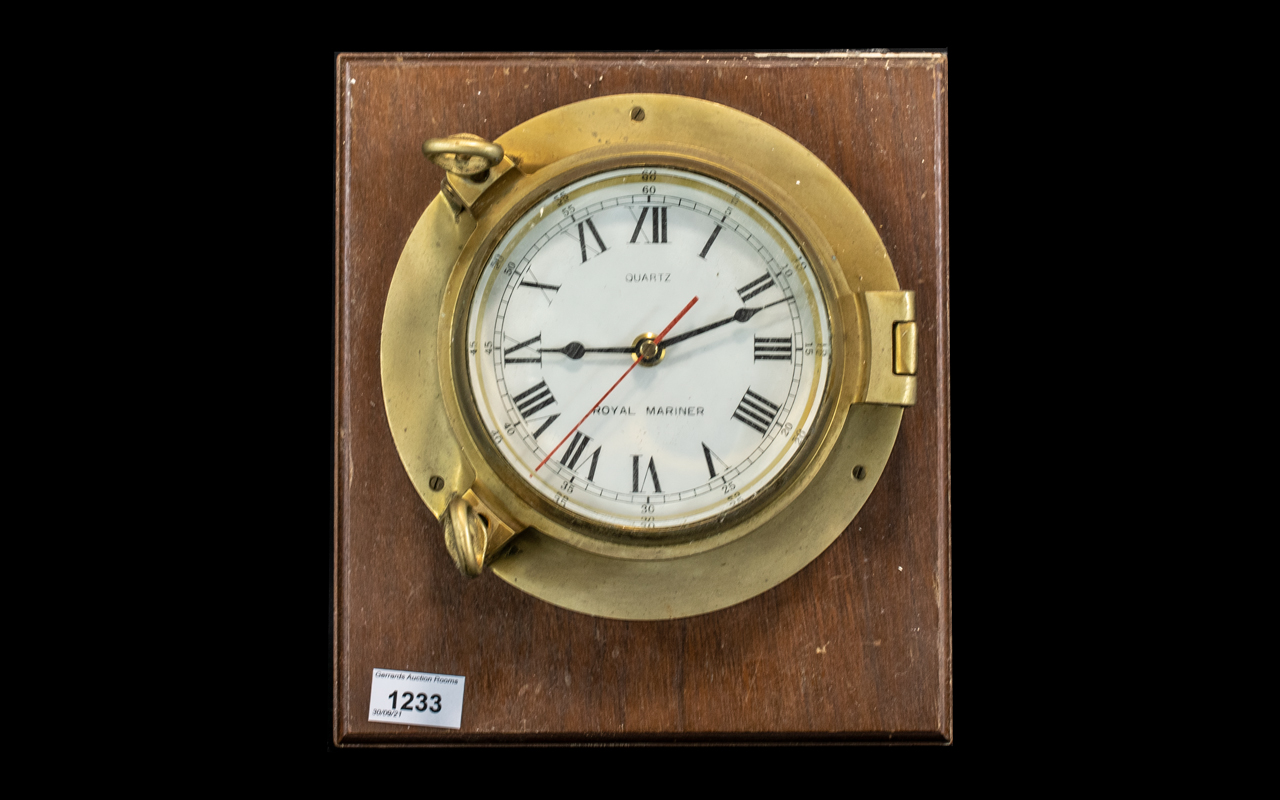 Brass 'Ship's Clock', quartz movement, Royal Mariner; 9 inches (22.