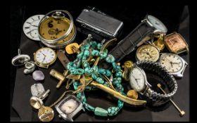 Bag Costume Jewellery, miscellaneous assortment, large silver pocket watch (broken) cuff links,