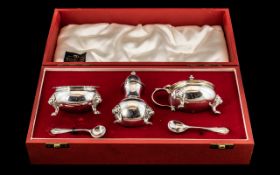 Boodle and Dunthorne Solid Silver ( 3 ) Piece Cruet Set, WIth Blue Liner and 2 Spoons,