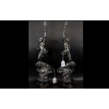 Two Spelter Figures titled 'Le Force' and 'Le Pouvoir', approx height 20", on wooden bases.