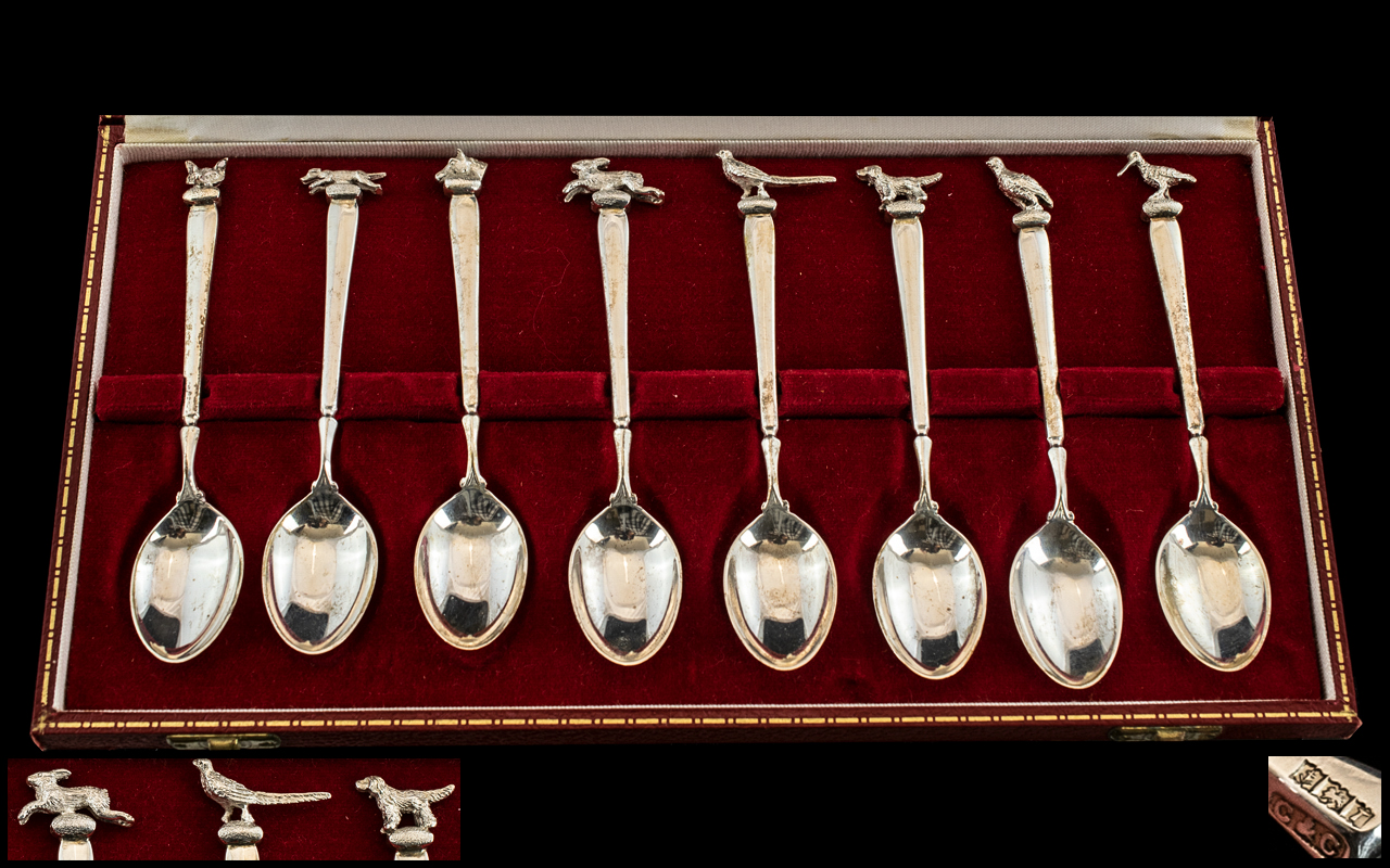 Asprey & Co Superb Boxed Set of Eight Sterling Silver Spoons with Various Animal Finials.