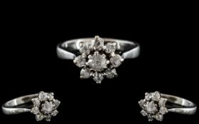 18ct White Gold - Attractive Diamond Set Cluster Ring - Flower head Setting.