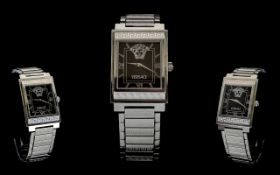 Versace Wristwatch, Gents Stainless Steel Watch, Rectangular Dial, Black Dial With Baton Numerals,