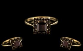 Ladies Attractive 9ct Gold Fire Garnet Set Dress Ring - From the 1920's, Square Setting.