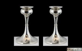 Pair Of Matching Silver Candle Holders, Bulbous Candle Cups On Tapering Stems With Broad Bases,