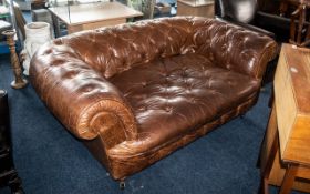 Vintage Brown Leather Two Seater Deep Buttoned Chesterfield Club Settee,