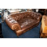 Vintage Brown Leather Two Seater Deep Buttoned Chesterfield Club Settee,