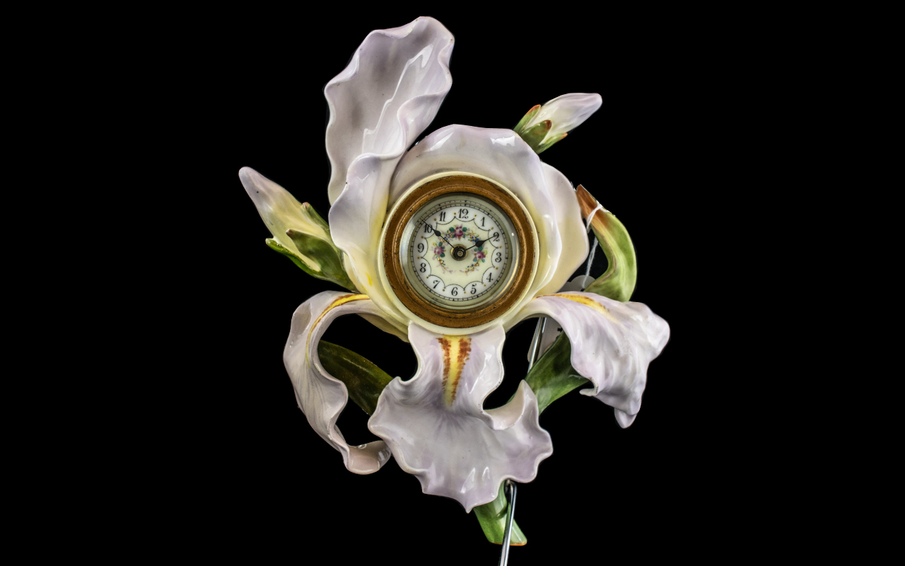 French Antique Porcelain Wall Bracket Clock In the Form of an Orchid With Its Leaves Open Decorated