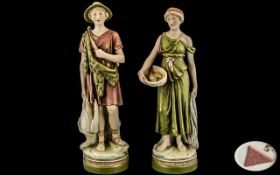 Royal Dux Early Pair of Tall Hand Painted Figures ( Classical ) Hunter with Bow - Male Figure with