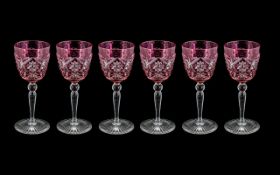 Bohemian Fine Set of Five Cut Glass Cranberry Wine Glasses with Clear Crystal Stems,