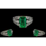18ct White Gold - Superb Quality Emerald and Diamond Set Dress Ring. c.1930's.