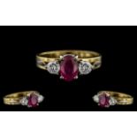 18ct Gold and Palladium - Superb and Attractive Ruby and Diamond 3 Stone Ring. Marked 750 and Pall.