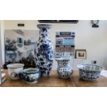 Collection of Chinese Blue and White Decorated Porcelain comprising a tall vase,