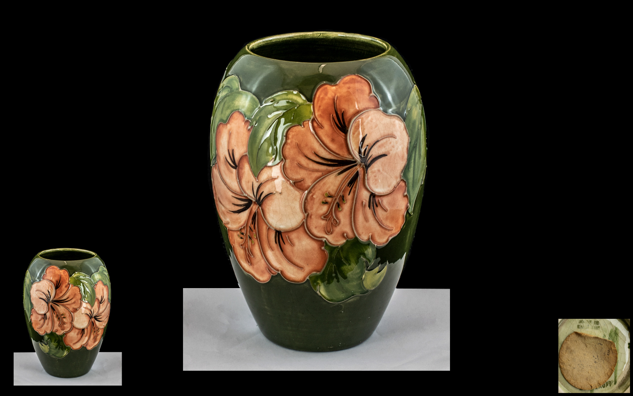 Moorcroft Hand Painted Tube lined Ovoid Shaped Vase ' Coral Hibiscus ' Design on Green Ground.